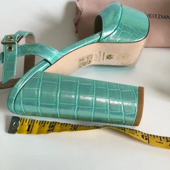 Green Capri Ice Iridescent Soft Crocodile Embossed Platform Heel Block Sandals - Picture 12 of 17